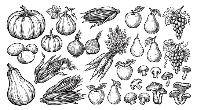 Detailed black and white botanical illustrations showcasing pumpkins, apples, carrots, grains, and various berries and mushrooms