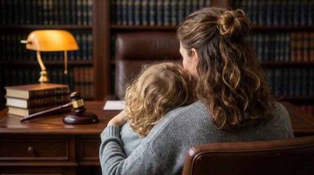 Focused on child protection matters and custody arrangements, a mother seeks legal advice with her young child at a family law attorneys office