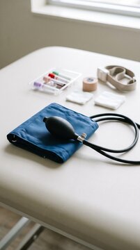 Blood Pressure Cuff and Phlebotomy Supplies on Medical Table