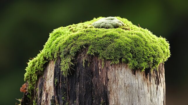 A thick, vibrant green moss cap covers the weathered of an old tree stump