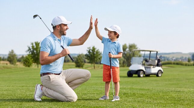 Father and son share a high five on a golf course, wearing matching outfits and surrounded by green grass and a golf cart in the background