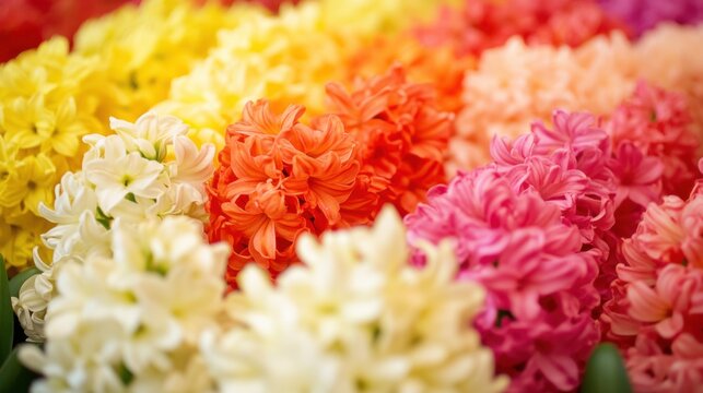 Vibrant hyacinth panorama showcasing various hues in a spring floral arrangement