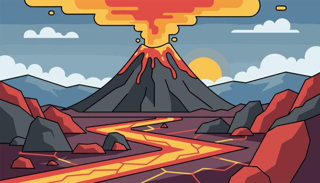 Majestic erupting volcano spewing hot magma and yellow ash cloud with a river of lava winding through a rocky dark landscape.
