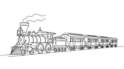 Vintage Steam Train Engine with Passenger Cars, Line Art © Wesi