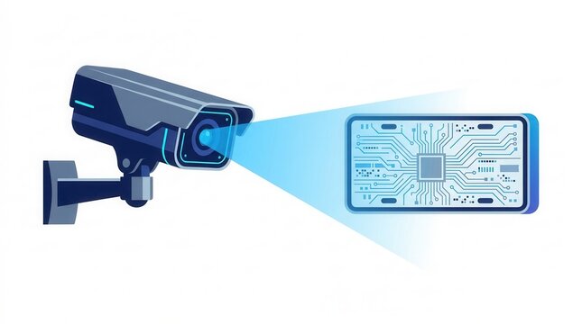 Vehicle tracking and monitoring activities using a license plate recognition system overseen by a security guard in a parking area.