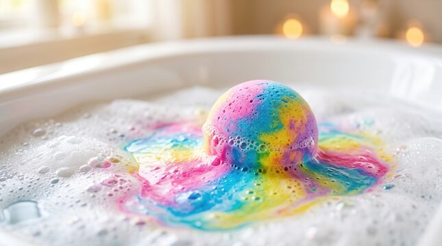 A relaxing bubble bath background featuring a colorful effervescent bath bomb