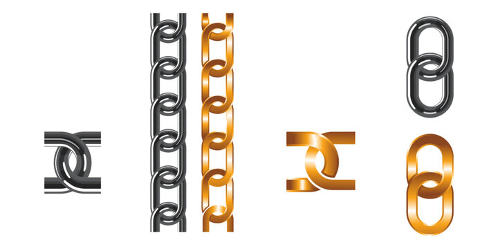 Realistic metal chains vector set in gold and silver chrome finishes.