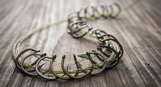Sharp Metal Fishing Hooks on Braided Line Arranged on a Rustic Wood Board