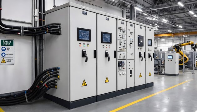 Modern Industrial Control Panel and Robotic Arm in Automated Factory