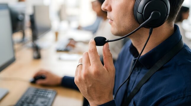Customer service agent wearing headset talking in a busy modern office