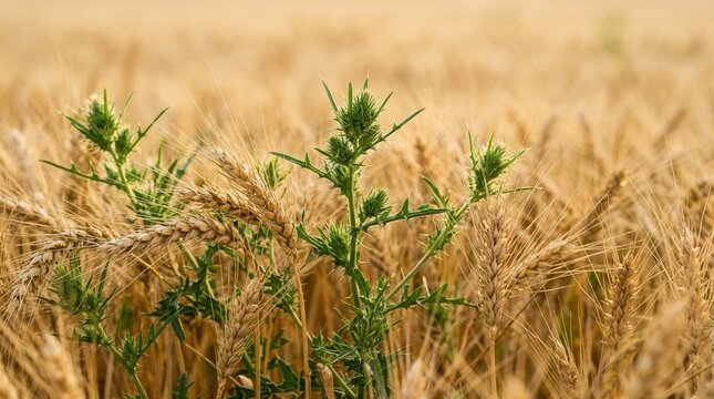 Mature wheat stalks in a harvest field with green thorny tares growing among them