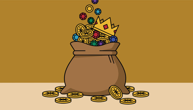 Canvas sack overflowing with precious gold coins, colorful gems, and a royal golden crown on a solid warm brown background.
