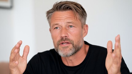Fototapeta premium Close up of a middle aged man with styled hair and beard gesturing while speaking in an indoor setting.