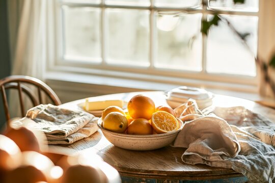 Fresh fruit, pitcher and folded linen on a breakfast table; subdued wide view, floral detail