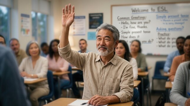 In an evening community ESL classroom scene, an adult immigrant student hesitantly raises his hand with conversational English phrases on the whiteboard.