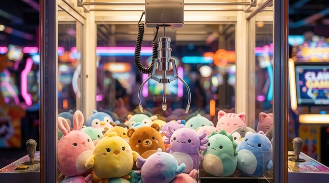 Arcade interior featuring a claw machine holding claw poised above prizes