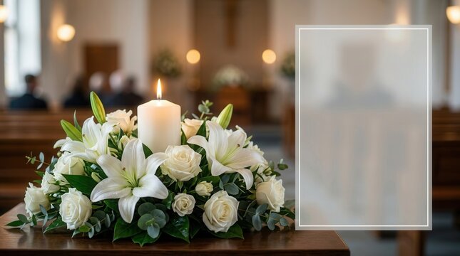 Condolence background with floral arrangement and a burning candle, ideal for a memorial service announcement.