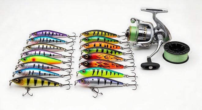 Assorted Colorful Fishing Lures and Spinning Reel Set for Freshwater and Saltwater Angling Activities