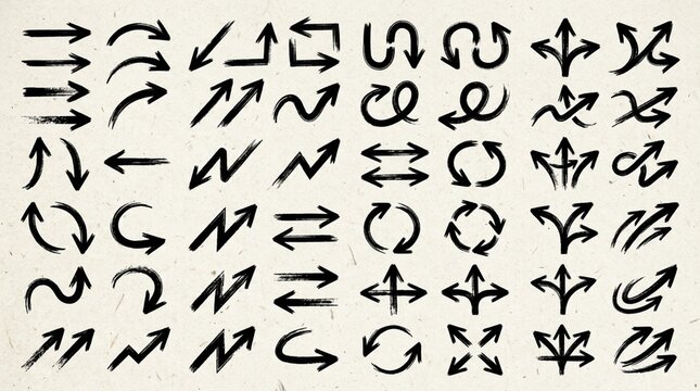 Hand Drawn Arrow Icons Set - Grunge, Brush Stroke, Vector Symbols