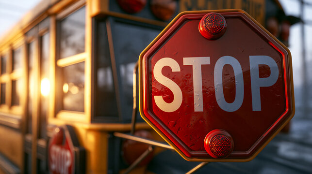 Bright red stop sign extending from the side of a yellow school bus during a golden sunset with blurred background details and realistic wet textures