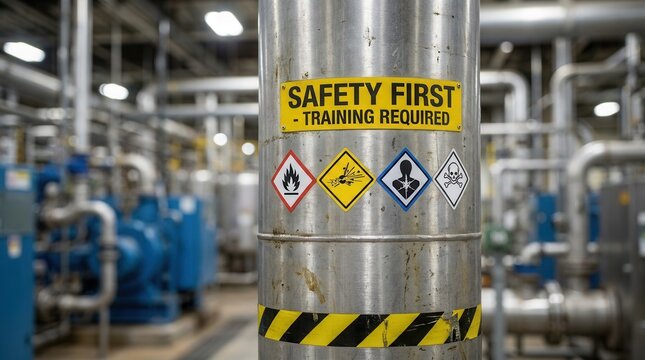 Safety signage and colorcoded hazard labels in a chemical plant closeup, emphasizing training standards and workplace safety.