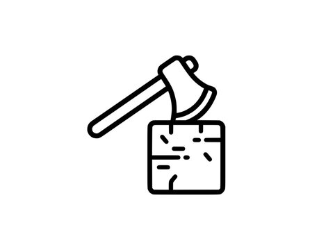Minimalist axe and wood log icon, black line art hatchet stuck in timber, simple lumberjack tool vector illustration for forestry