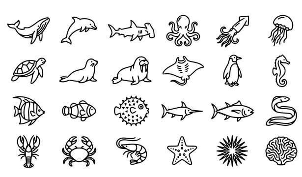 Sea creature wildlife outline vector collection with marine animals fish whales sharks rays and ocean life