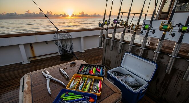 Deep sea fishing boat deck with tackle boxes, rods, and fresh catch at sunrise