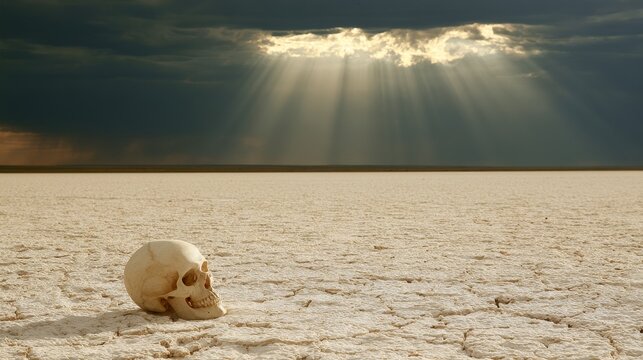 Conceptual landscape with human skull on cracked salt flat under stormy clouds and dramatic sunlight, symbolizing global warming, climate change, environmental crisis, drought and ecological disaster