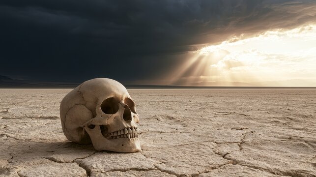 Conceptual landscape with human skull on cracked salt flat under stormy clouds and dramatic sunlight, symbolizing global warming, climate change, environmental crisis, drought and ecological disaster