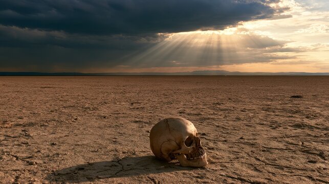 Conceptual landscape with human skull on cracked salt flat under stormy clouds and dramatic sunlight, symbolizing global warming, climate change, environmental crisis, drought and ecological disaster