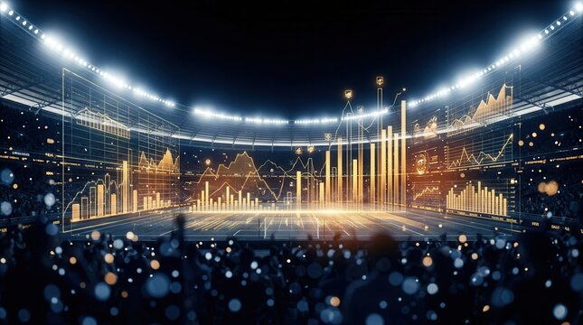 Modern concept in football betting featuring analytics and probabilities with data charts floating over a lit stadium.