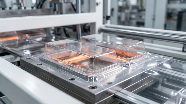 Thermoforming machine operation details showing plastic sheets being transformed into clamshell packaging in a closeup medium view.