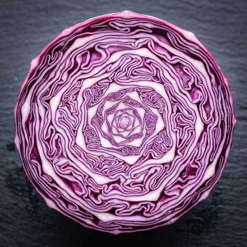 Vibrant sliced red cabbage vegetable displaying detailed intricate symmetrical leaf patterns captured from directly above on a dark stone background