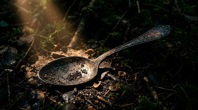 Antique tarnished metal spoon lying in dark forest dirt illuminated by a sunbeam representing historical archaeological discoveries for treasure hunting publications