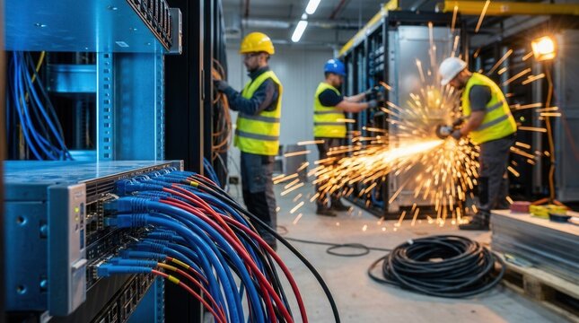 Artificial intelligence data center under construction featuring specialized staff installing heavy-duty network cables and server enclosures.