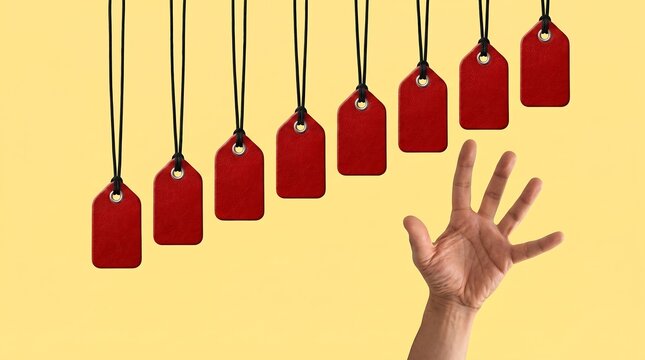 Hand reaching for rising red price tags on yellow background