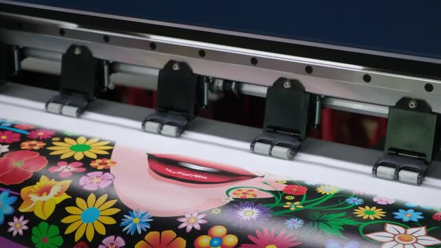 Wide format printer prints on sheet of paper. Intricate patterns cover surface