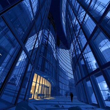 Businessman looking at modern glass building architecture. Man standing in a futuristic glass skyscraper environment reflecting abstract blue shapes