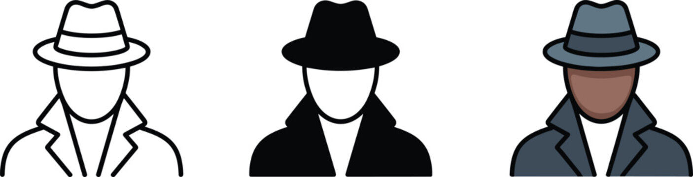 Three detective or spy character featuring a man in a fedora hat and trench coat, shown in outline, solid black, and colored versions, isolated on white background