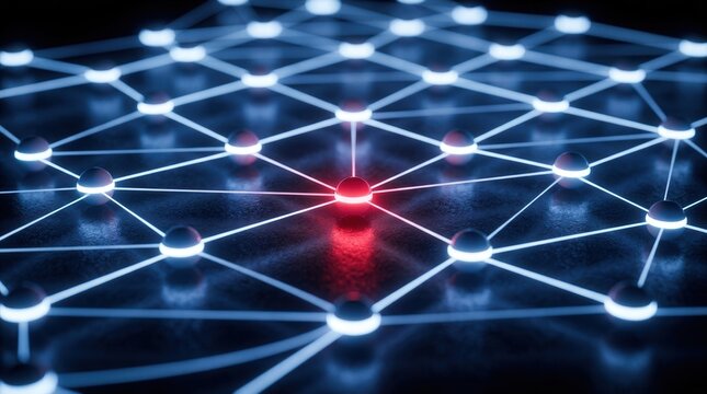Connected nodes in a network with a central hub glowing red to show dependency.