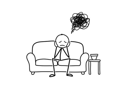 Sad stick figure sitting on sofa with negative thoughts isolated on transparent background. Hand drawn doodle depicting loneliness, apathy, depression, mental health struggle, and exhaustion
