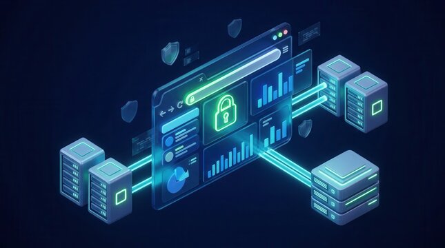 Digital setting featuring a secure web browser interface with data protection highlights, cybersecurity symbols, and information