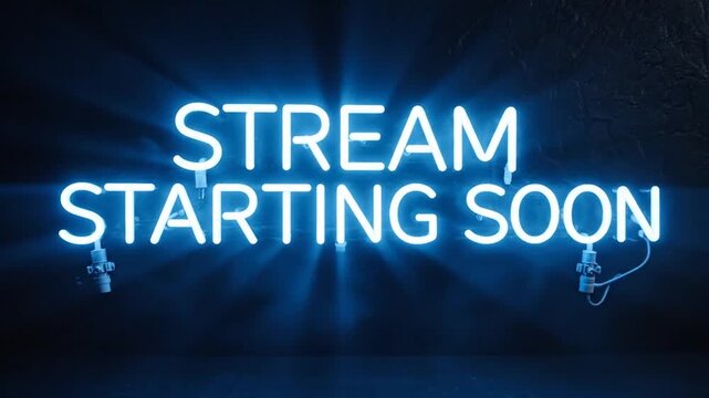 Live Stream Preview Neon Sign Showing Start Soon In Dark Room
