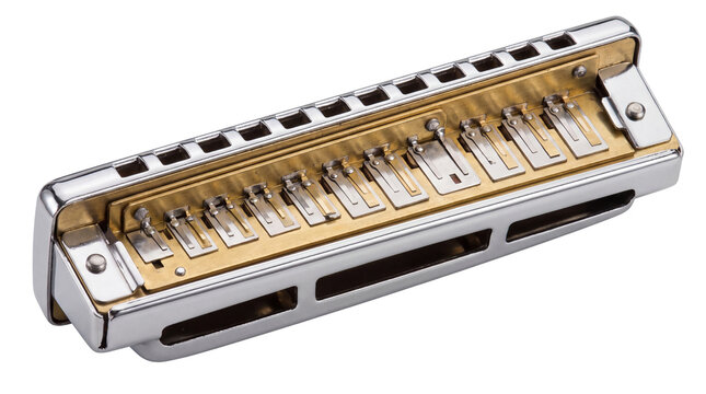 Vintage chromatic harmonica with silver and gold metal finish, professional mouth organ instrument, classic blues and jazz musical equipment isolated PNG with Transparent Background