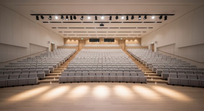 Modern auditorium interior with rows of empty seats and stage lighting