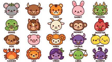 Obraz premium Cute zodiac animals and symbols collection