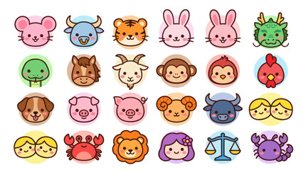 Fototapeta premium Cute zodiac animals and symbols icons