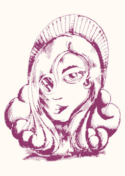 Vintage Purple Ink Sketch of Woman Portrait with Halo hand draw Vector Illustration 