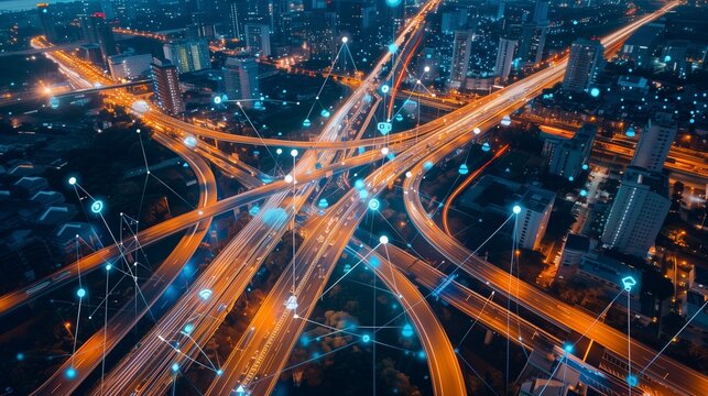 Smart city highway with digital network lines overlay.